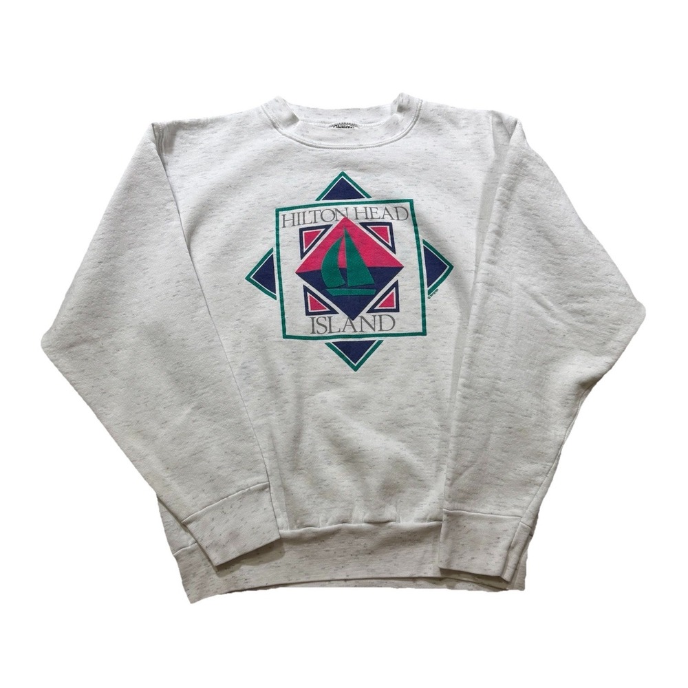 Vintage Oneita Hilton Head Island Graphic Sweater USA Gray 90s Streetwear S/M‎
